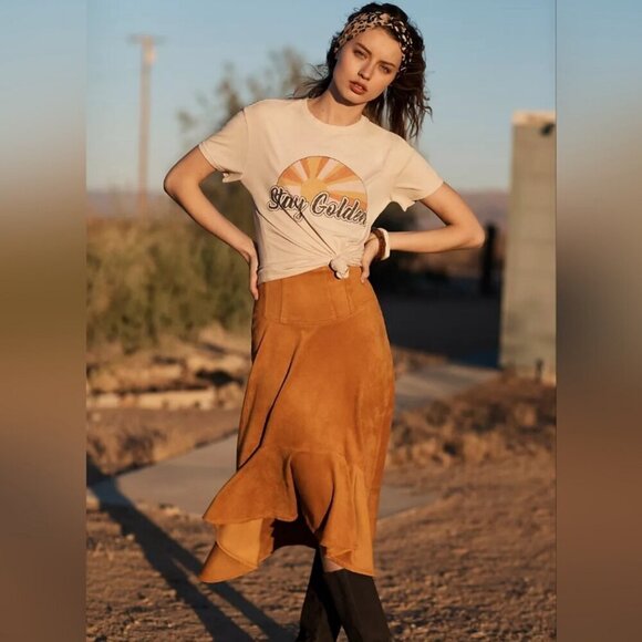 Maeve by Anthropologie Cosima Flounced High Low Skirt Brushed Faux Suede Sz 0 - Picture 2 of 13